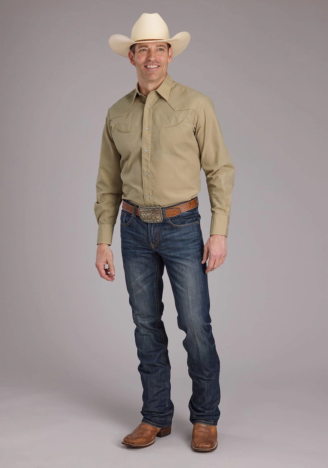 Roper Mens 2445 Solid Broadcloth Tan Cotton Blend L/S Shirt Relaxed Design Lounge Wear