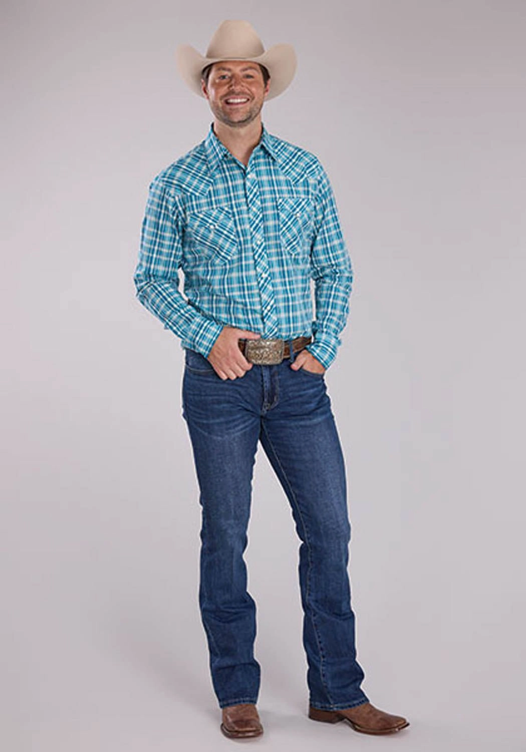 High-Quality Craftsmanship Roper Mens 2466 Ocean Dobby Blue 100% Cotton L/S Shirt