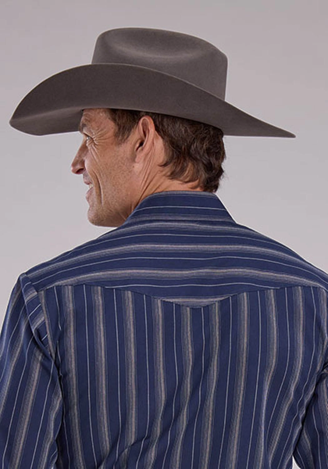 V-neck style Roper Mens 2477 Western Stripe Navy/Brown Cotton Blend L/S Shirt