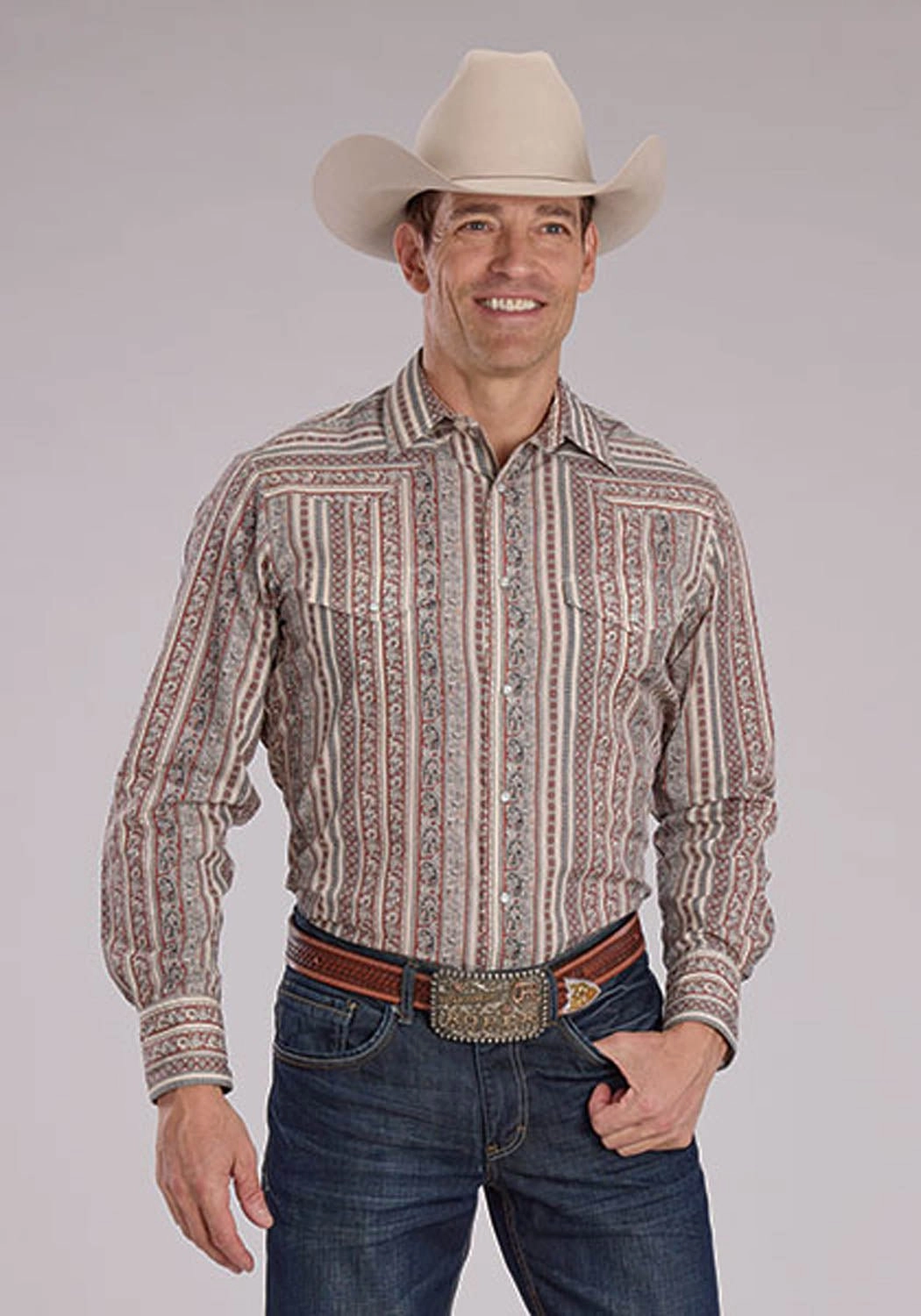 Chilly Weather Wear Classic Appeal Roper Mens 2479 Wallpaper Print Cream Cotton Blend L/S Shirt