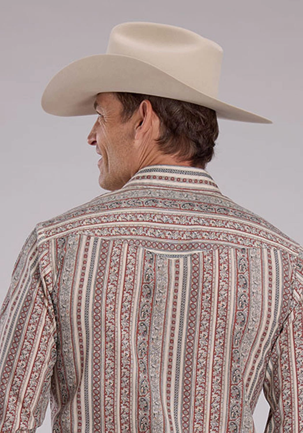 Roper Mens 2479 Wallpaper Print Cream Cotton Blend L/S Shirt Moisture Management Tech Breathable Cotton