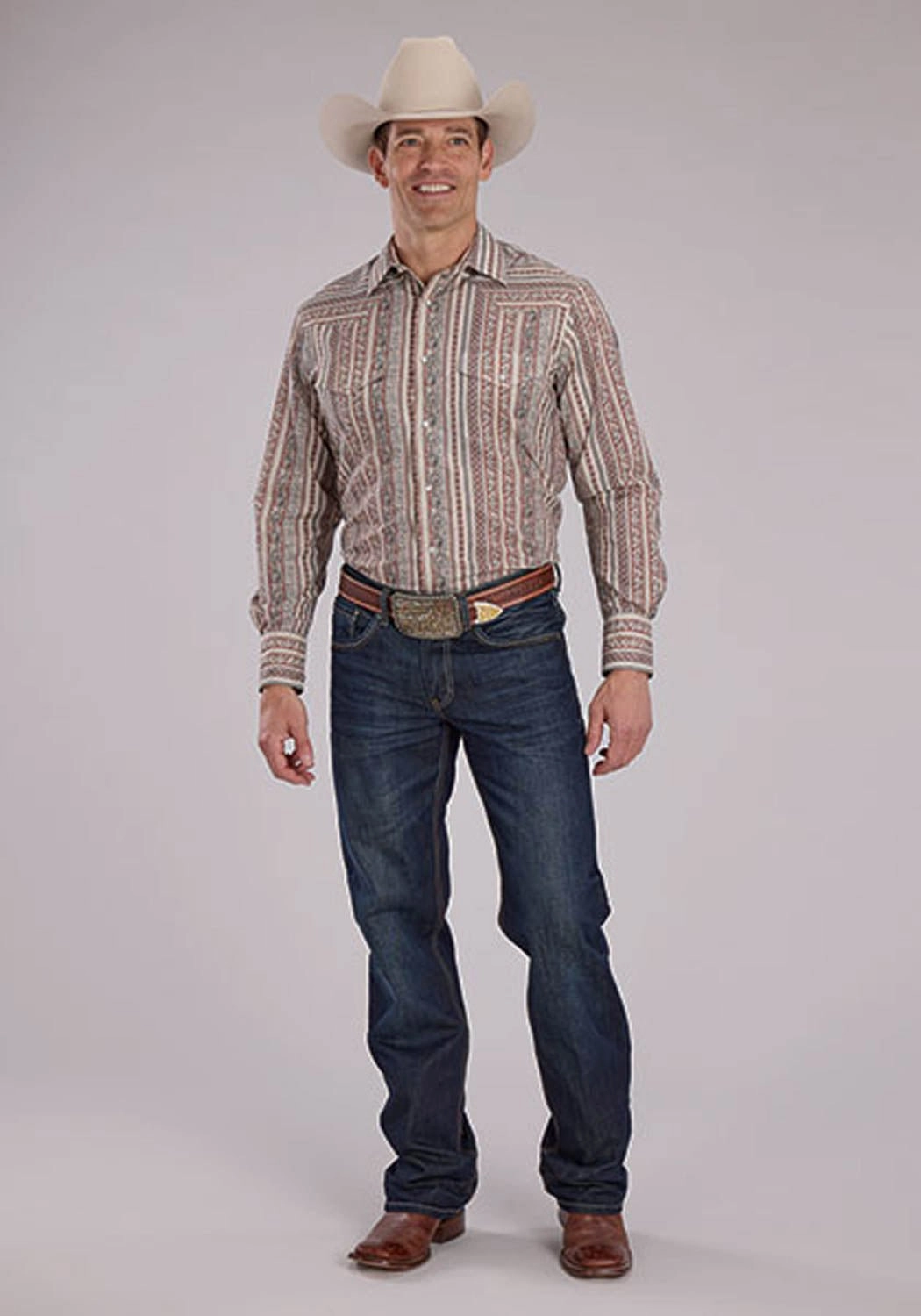 Anti Odor Treatment Roper Mens 2479 Wallpaper Print Cream Cotton Blend L/S Shirt