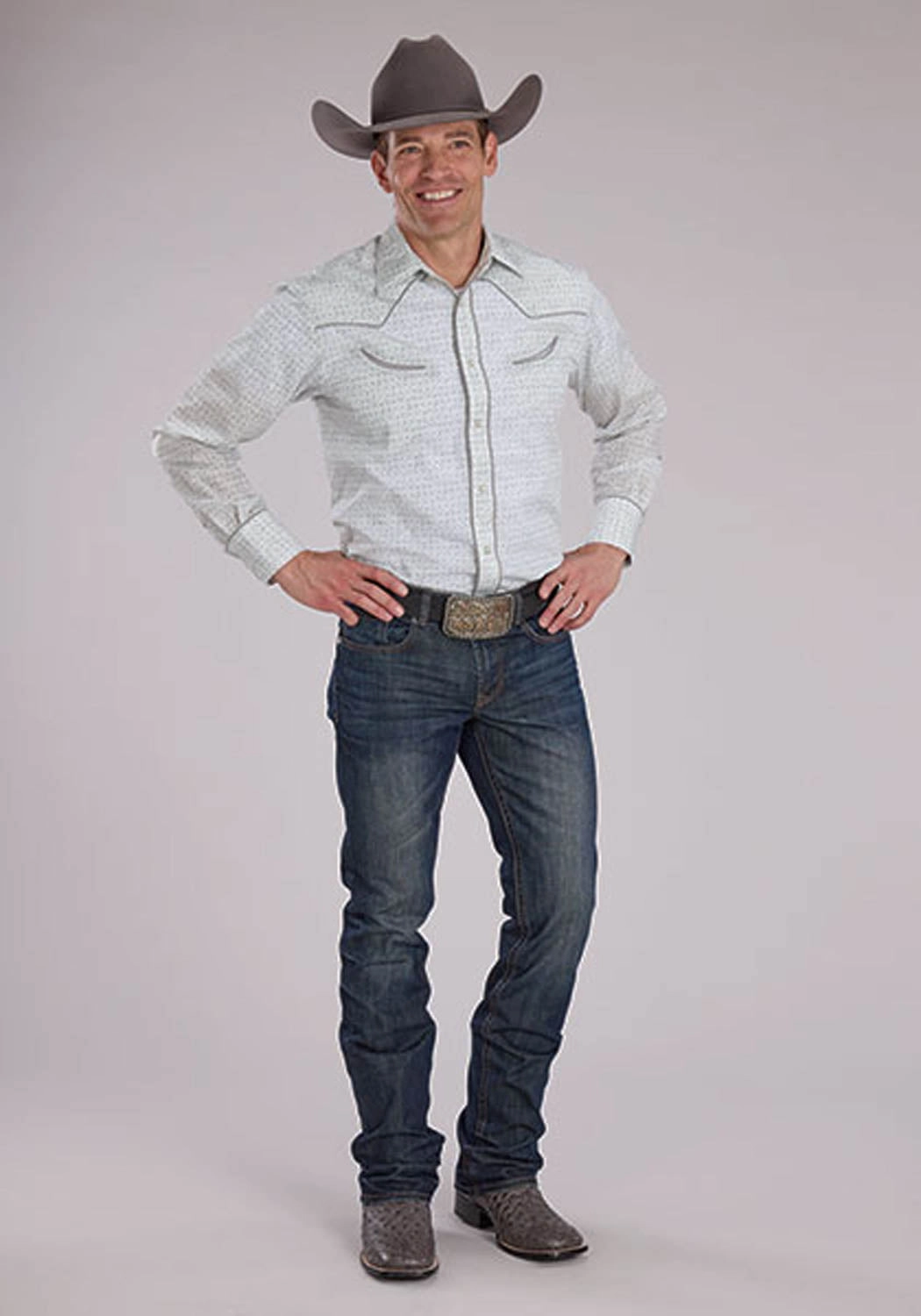 Roper Mens 2481 Retro Floral Grey/White Cotton Blend L/S Shirt Pocket Detailing Lightweight Layer