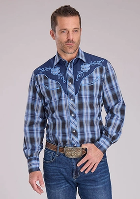 Roper Mens 2482 Fancy Floral Carolina Blue Cotton Blend L/S Shirt Casual Wear ethical fashion Multi Layer Stitching Roper Mens 2482 Fancy Floral Carolina Blue Cotton Blend L/S Shirt