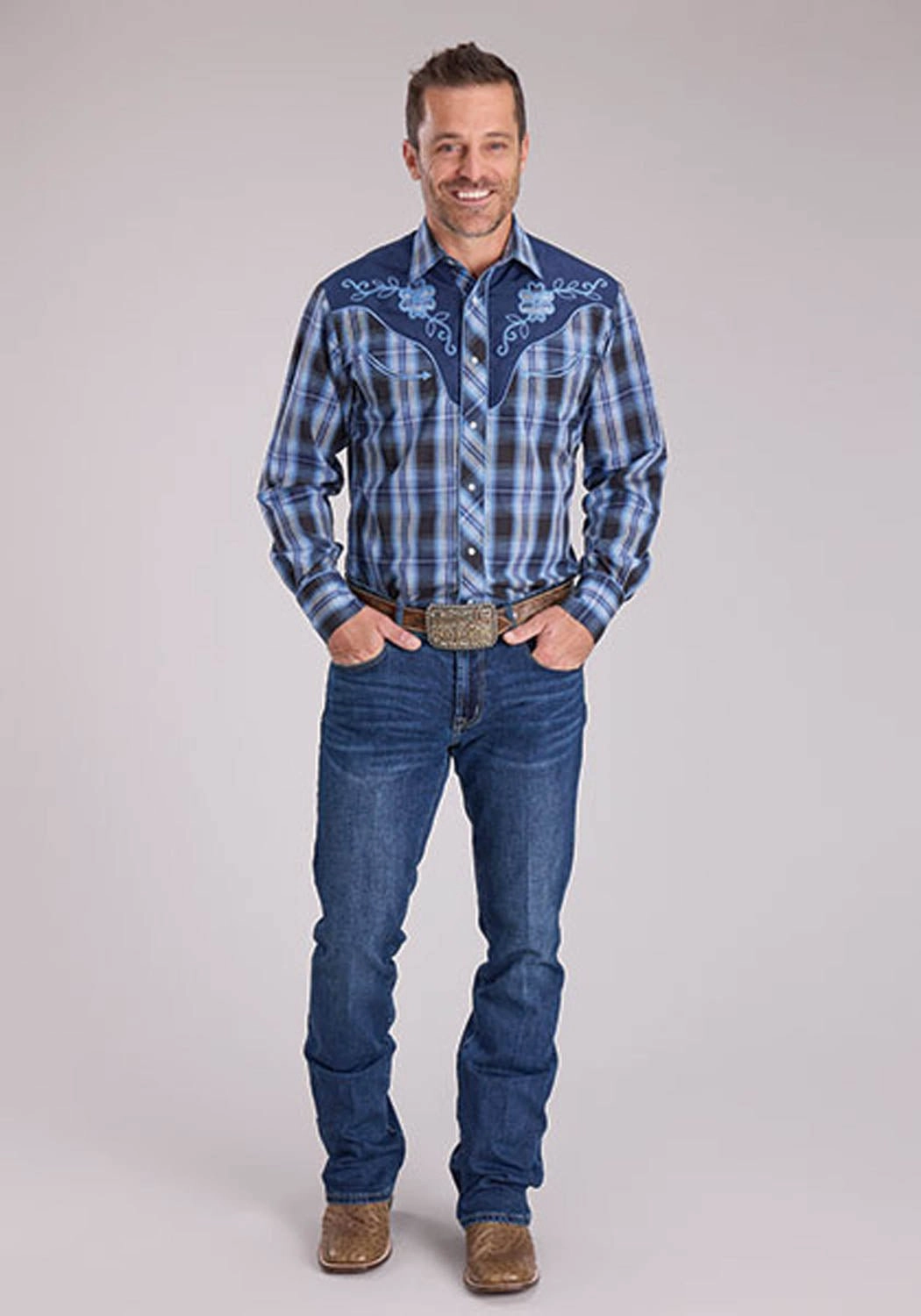 holiday season Roper Mens 2482 Fancy Floral Carolina Blue Cotton Blend L/S Shirt
