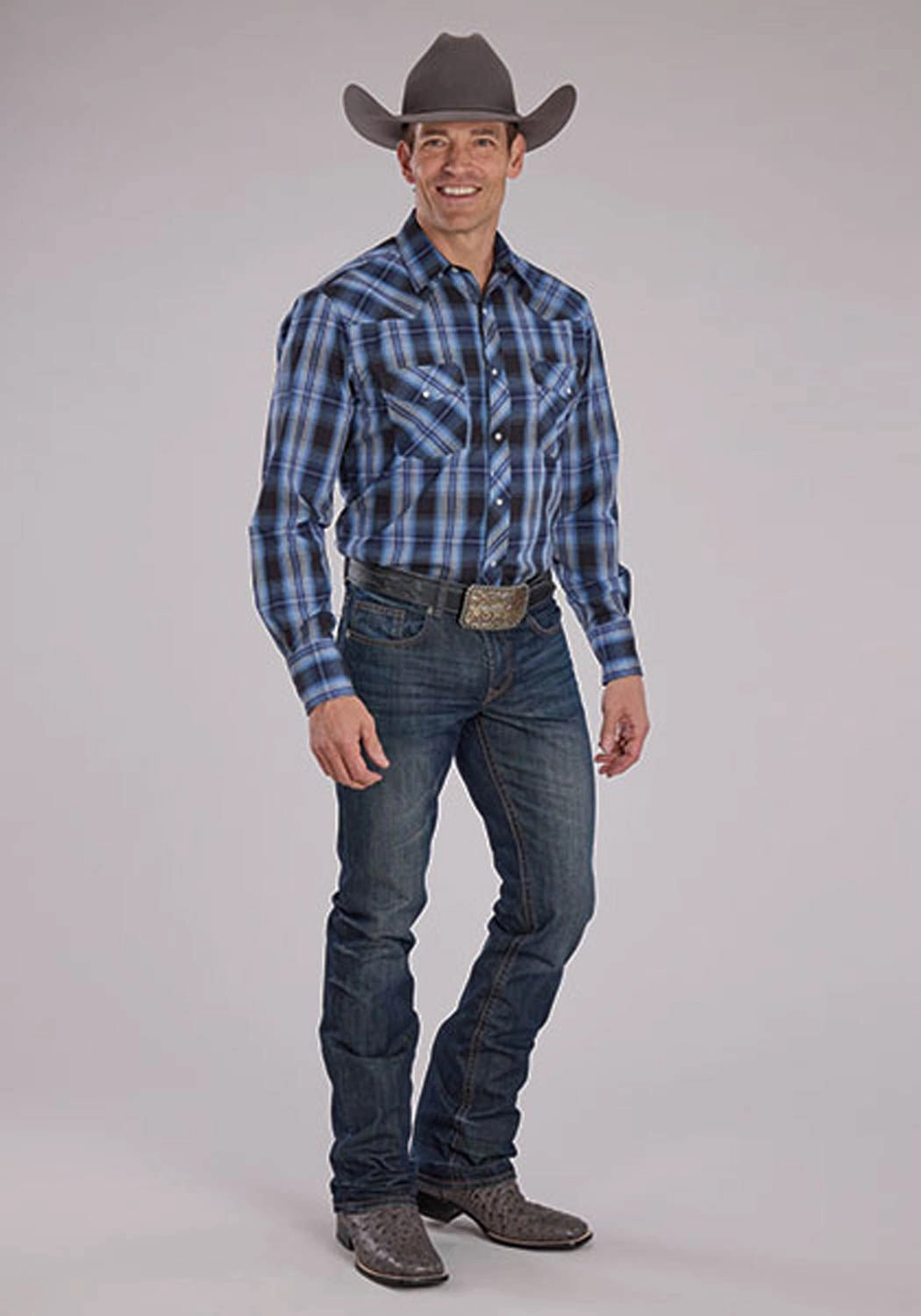 Roper Mens 2482 Western Plaid Carolina Blue Cotton Blend L/S Shirt Flexible Shoulder Construction