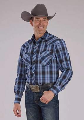 Roper Mens 2482 Western Plaid Carolina Blue Cotton Blend L/S Shirt Modern Cut Lightweight Wear Roper Mens 2482 Western Plaid Carolina Blue Cotton Blend L/S Shirt