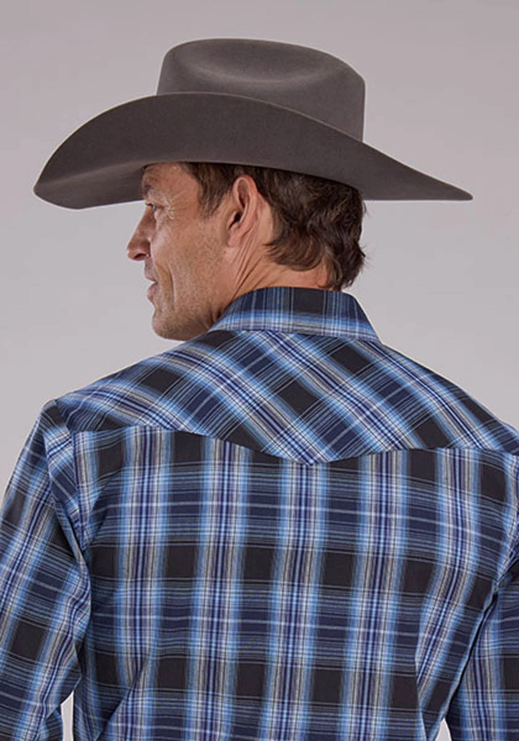 Striped style Roper Mens 2482 Western Plaid Carolina Blue Cotton Blend L/S Shirt