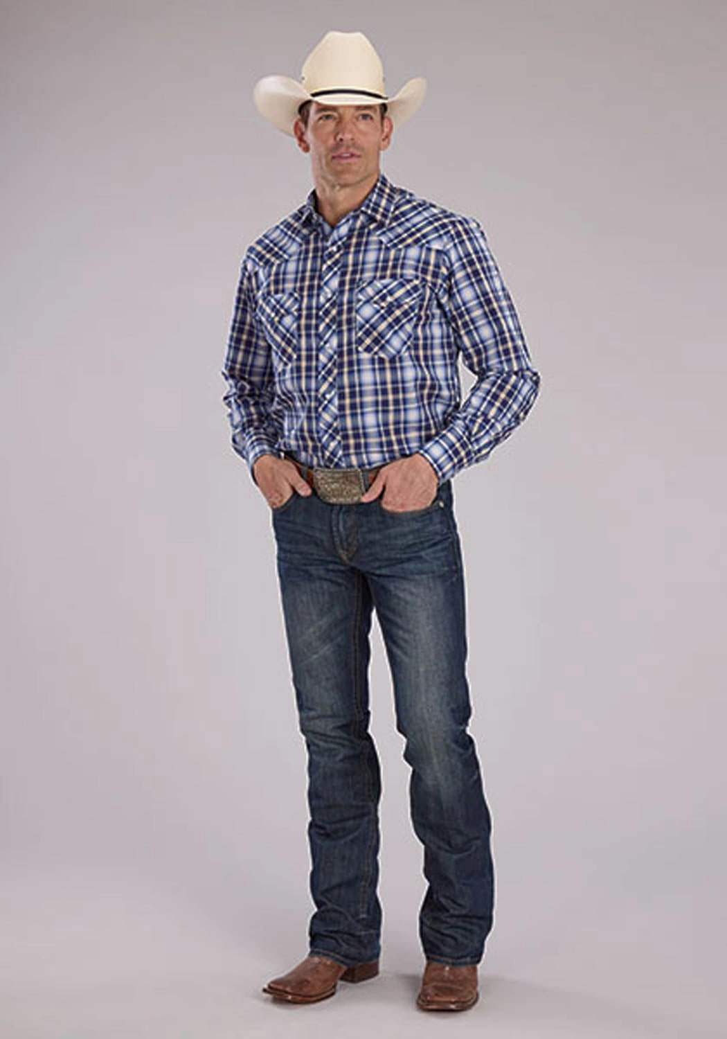 Festival Outfit Roper Mens 2484 Western Plaid Navy/Light Blue Cotton Blend L/S Shirt