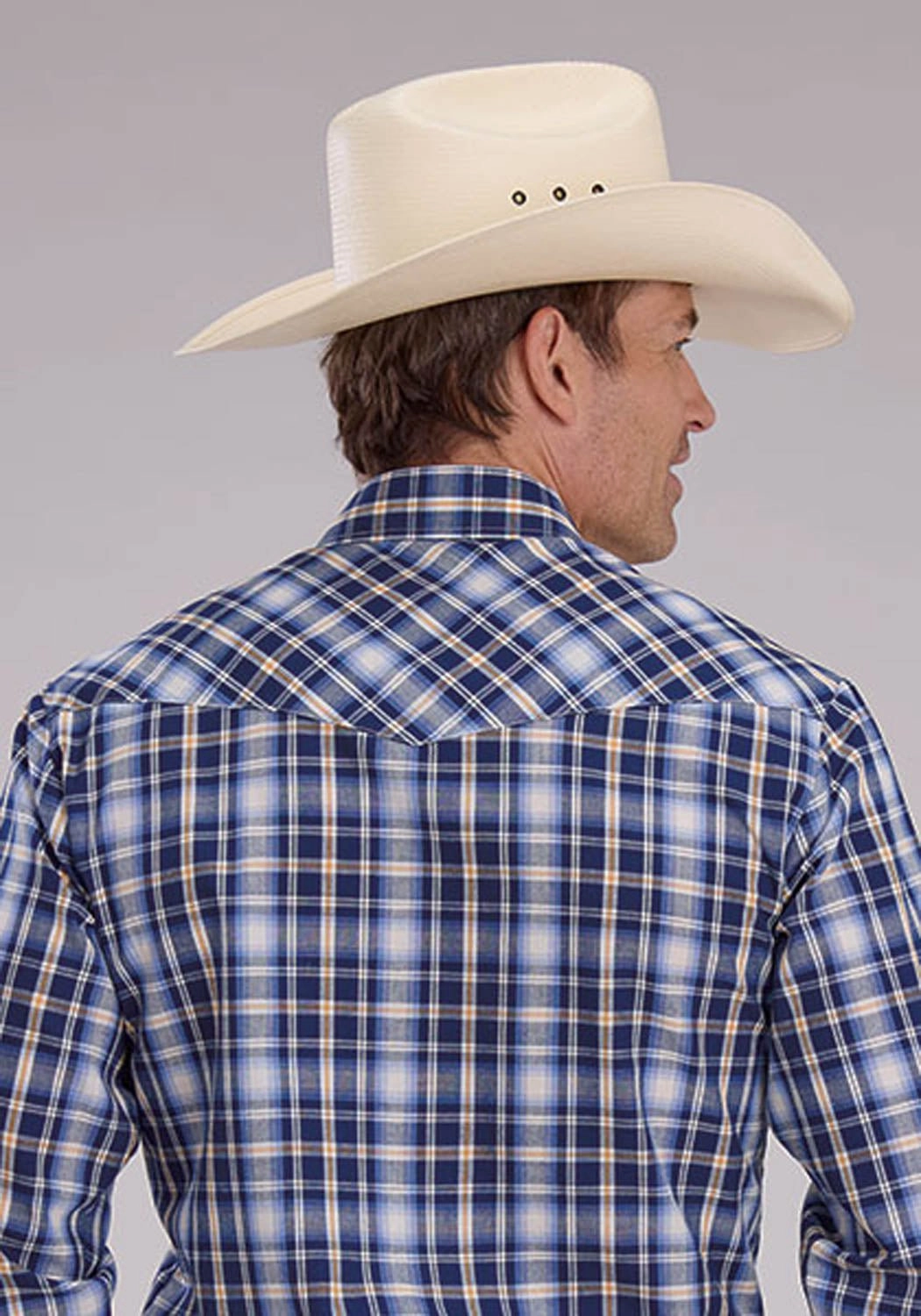 Summer Camp High-End Look Roper Mens 2484 Western Plaid Navy/Light Blue Cotton Blend L/S Shirt