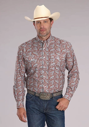 Roper Mens 2499 Clay Paisley Orange 100% Cotton Btn L/S Shirt Friction Free Lining Comfort Wear Everyday Look Roper Mens 2499 Clay Paisley Orange 100% Cotton Btn L/S Shirt