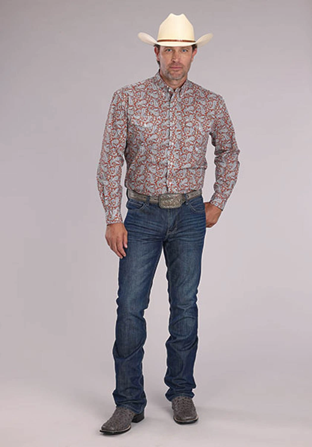 Roper Mens 2499 Clay Paisley Orange 100% Cotton Btn L/S Shirt Abrasion Resistant Edging