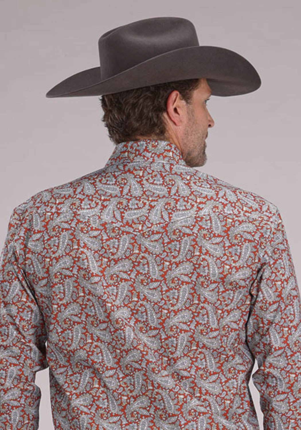 Roper Mens 2499 Clay Paisley Orange 100% Cotton L/S Shirt Roll-Up Sleeve