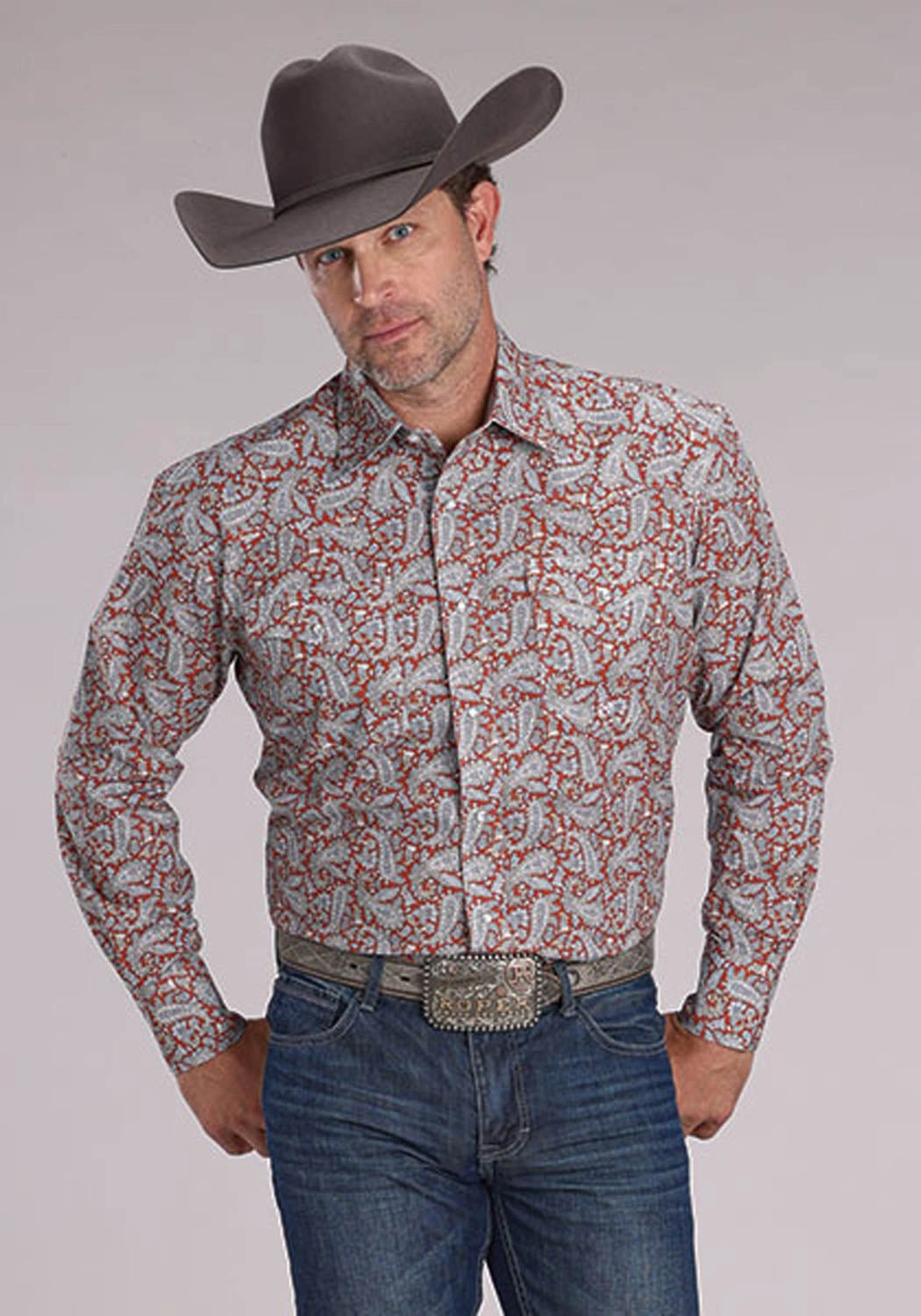 Vibrant Colors Roper Mens 2499 Clay Paisley Orange 100% Cotton L/S Shirt
