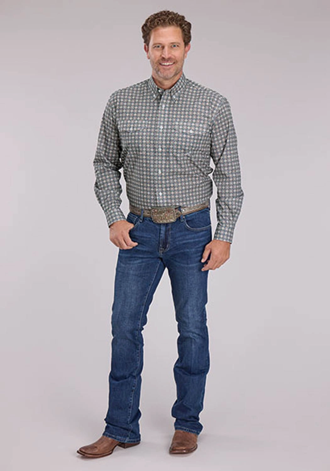 Roper Mens 2501 Medallion Foulard Grey 100% Cotton Btn L/S Shirt Comfy Look Essential Piece