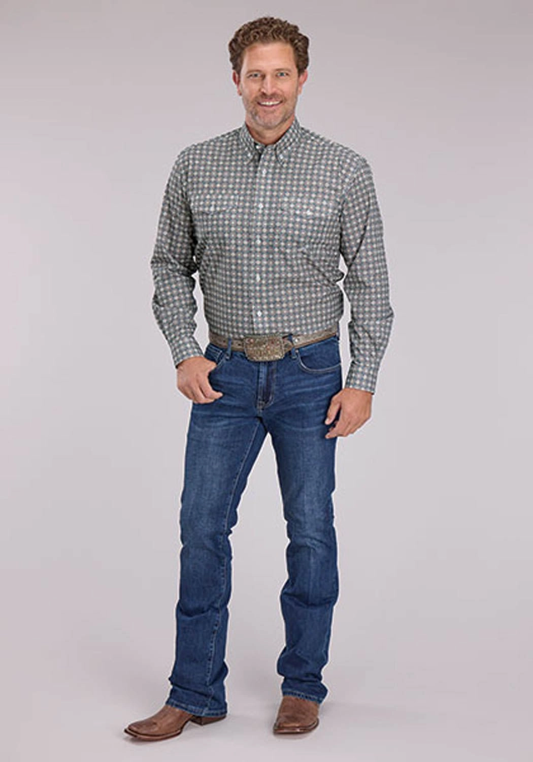 Roper Mens 2501 Medallion Foulard Grey 100% Cotton Btn L/S Shirt Fashion Statement Active Lifestyle