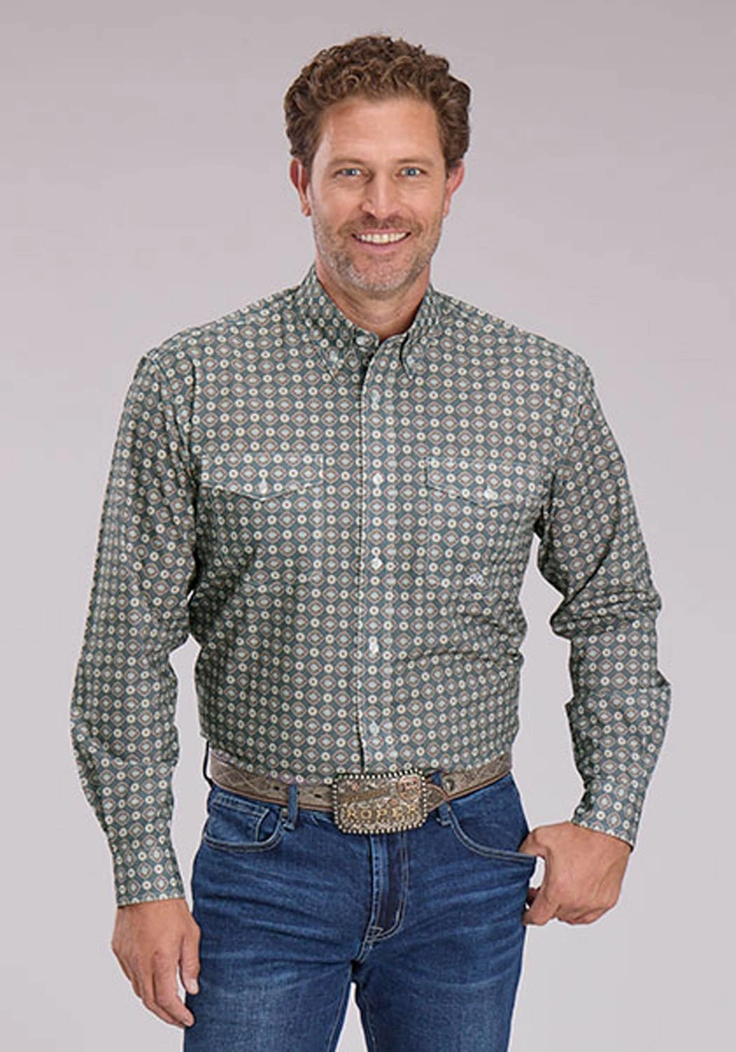 Gradient effect Roper Mens 2501 Medallion Foulard Grey 100% Cotton Btn L/S Shirt