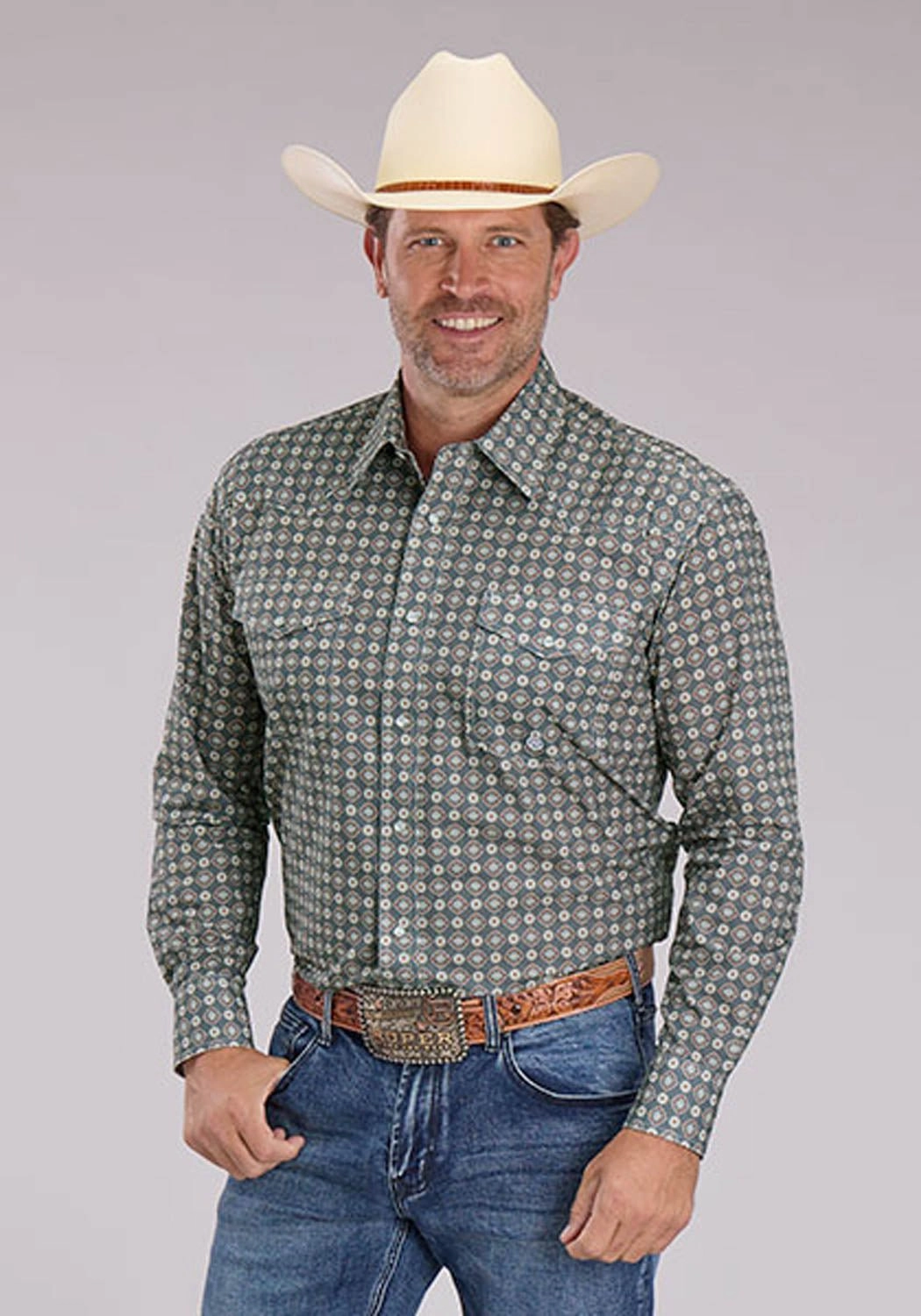 Roper Mens 2501 Medallion Foulard Grey 100% Cotton L/S Shirt Youthful Style Versatile Wear