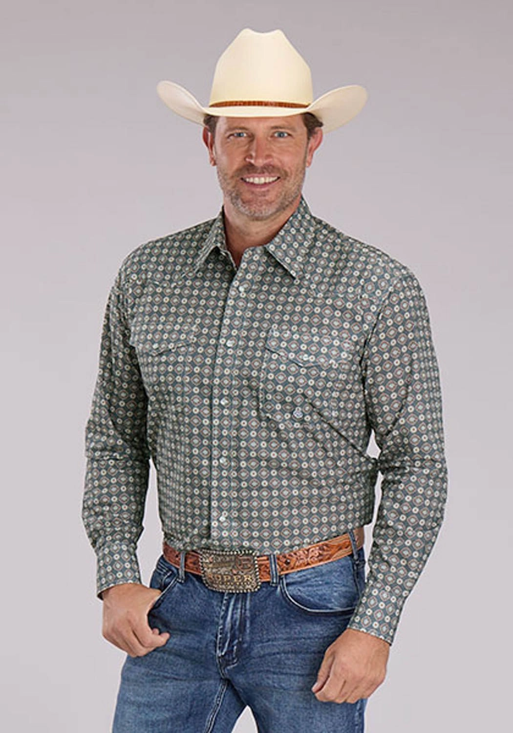 Roper Mens 2501 Medallion Foulard Grey 100% Cotton L/S Shirt Trendy Pattern
