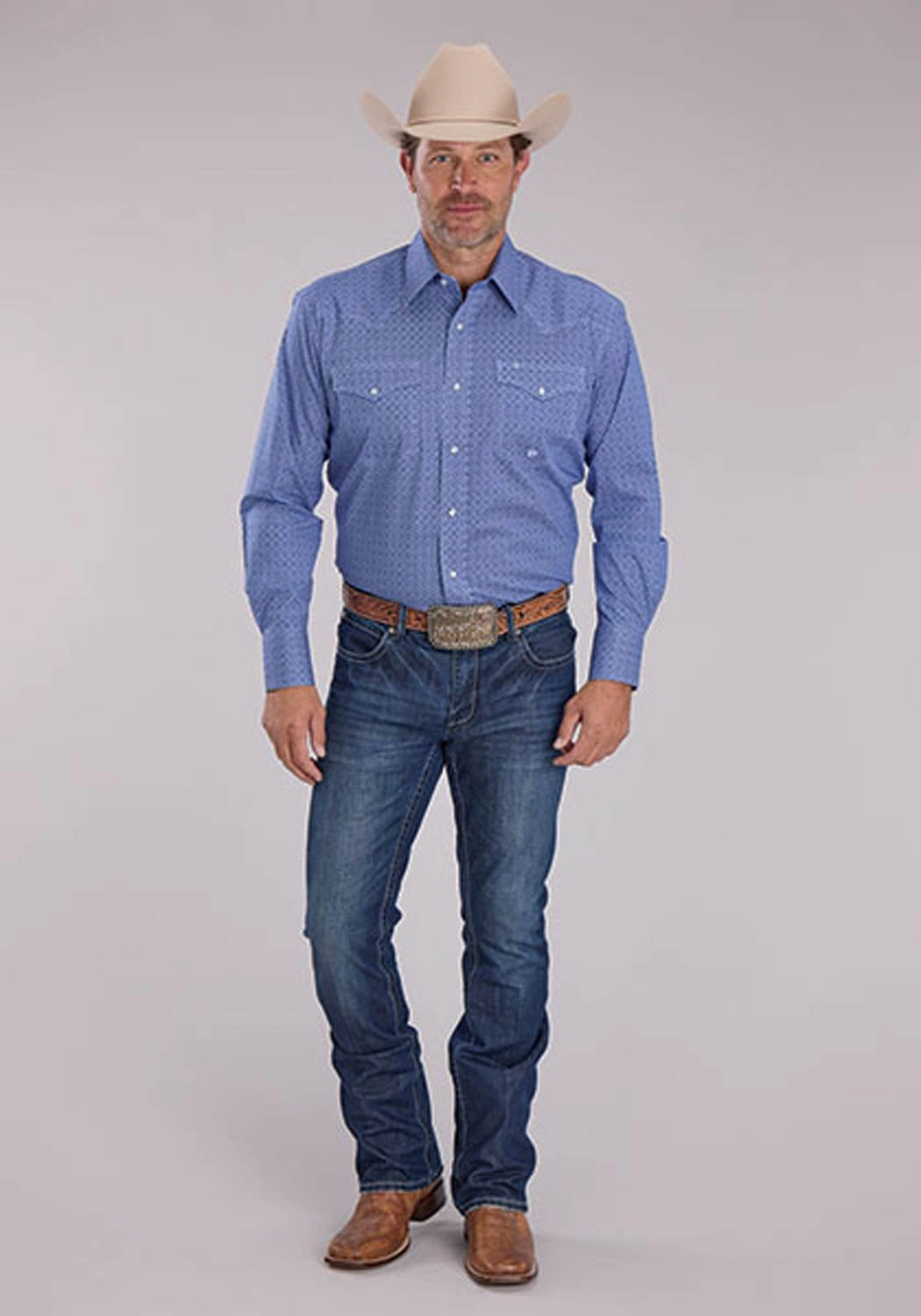 Roper Mens 2508 Stretch Foulard Blue Cotton Blend L/S Shirt Classic Fit handmade touch