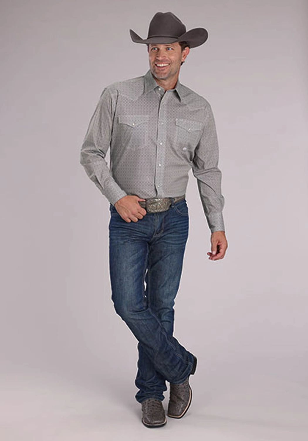 Streamlined Design Youthful Appeal Roper Mens 2508 Stretch Foulard Grey Cotton Blend L/S Shirt