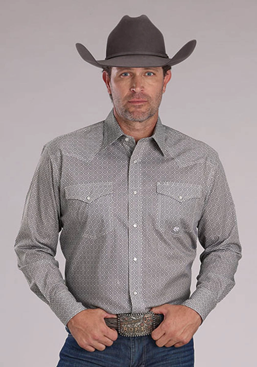 Roper Mens 2508 Stretch Foulard Grey Cotton Blend L/S Shirt Weekend Wear No Bulk Layering System