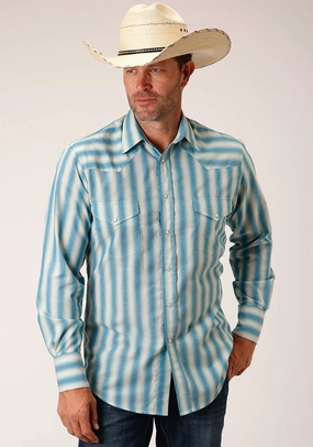 Roper Mens 55/45 Ombre Stripe Aqua/Cream Cotton Blend L/S Shirt Thermal Lining Monochrome Palette Iconic look Roper Mens 55/45 Ombre Stripe Aqua/Cream Cotton Blend L/S Shirt