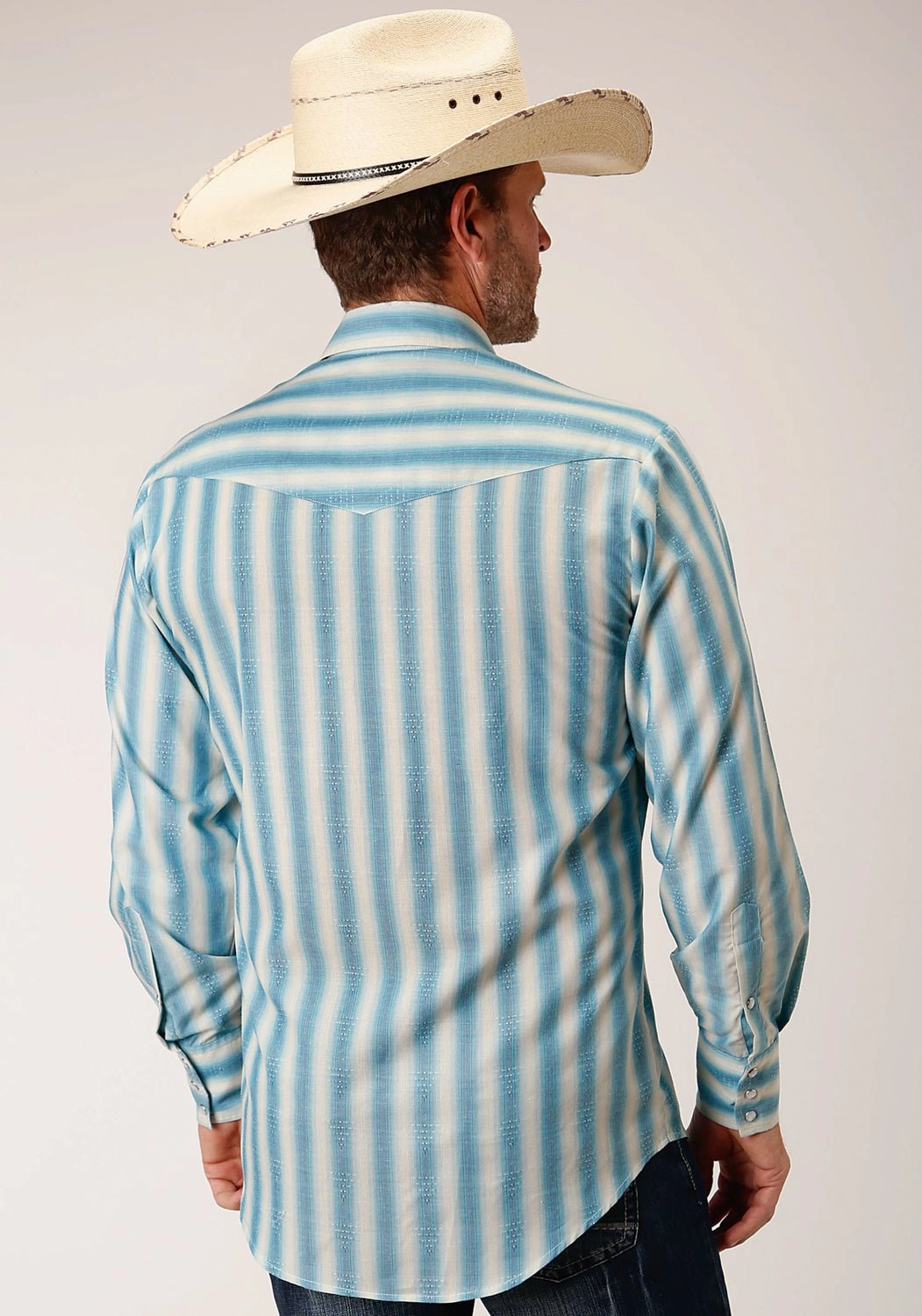 Flexible Movement Roper Mens 55/45 Ombre Stripe Aqua/Cream Cotton Blend L/S Shirt