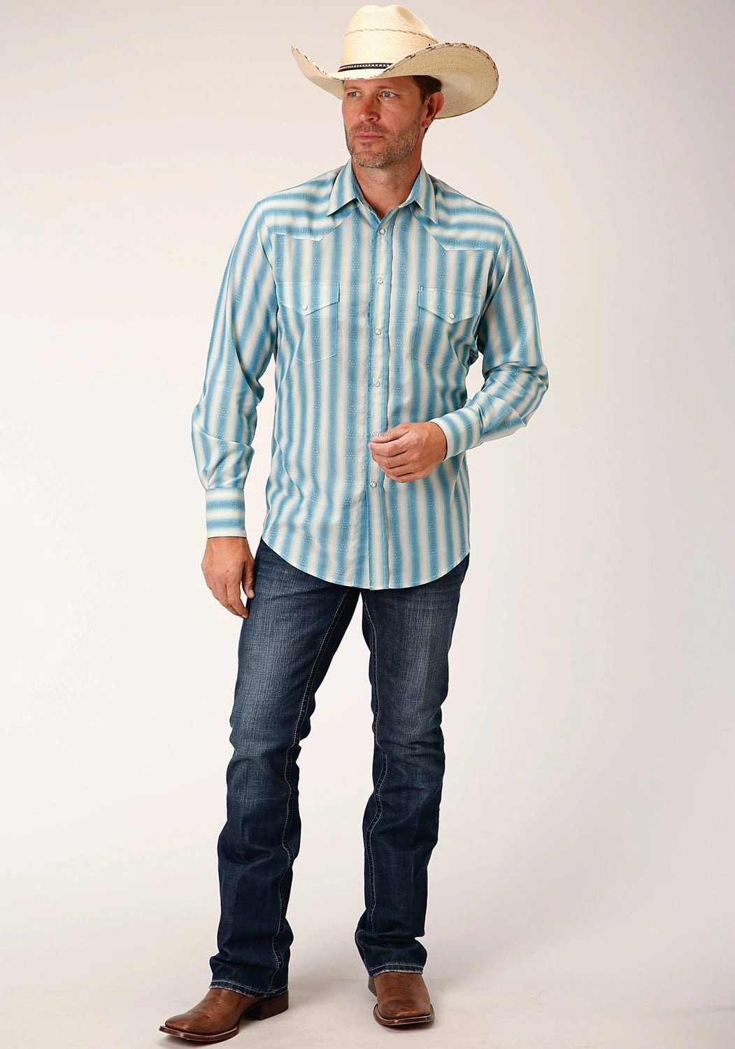 Anti Odor Treatment Roper Mens 55/45 Ombre Stripe Aqua/Cream Cotton Blend L/S Shirt