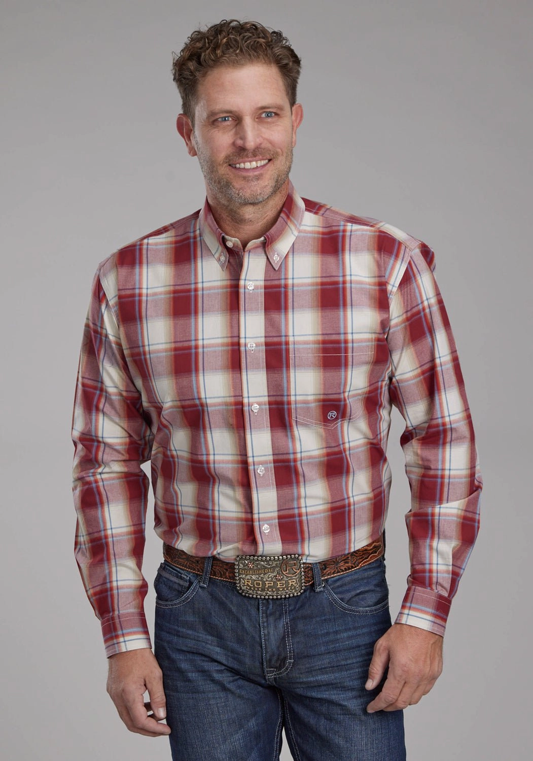 Bold Statement Sustainable Choice Roper Mens 57 Chevy Plaid Red/White 100% Cotton 1 Pkt L/S Shirt