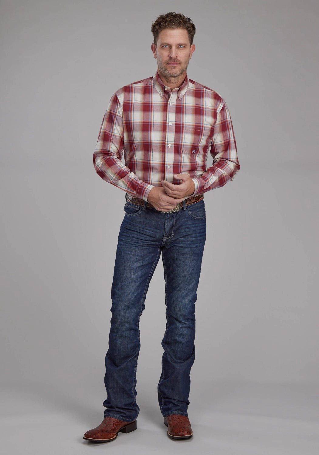 Streamlined Design Roper Mens 57 Chevy Plaid Red/White 100% Cotton 1 Pkt L/S Shirt