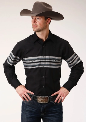 Roper Mens Black/Grey Cotton Blend Border Stripe L/S Shirt Bamboo Derived Fiber Blend Gift Idea quick dry Roper Mens Black/Grey Cotton Blend Border Stripe L/S Shirt
