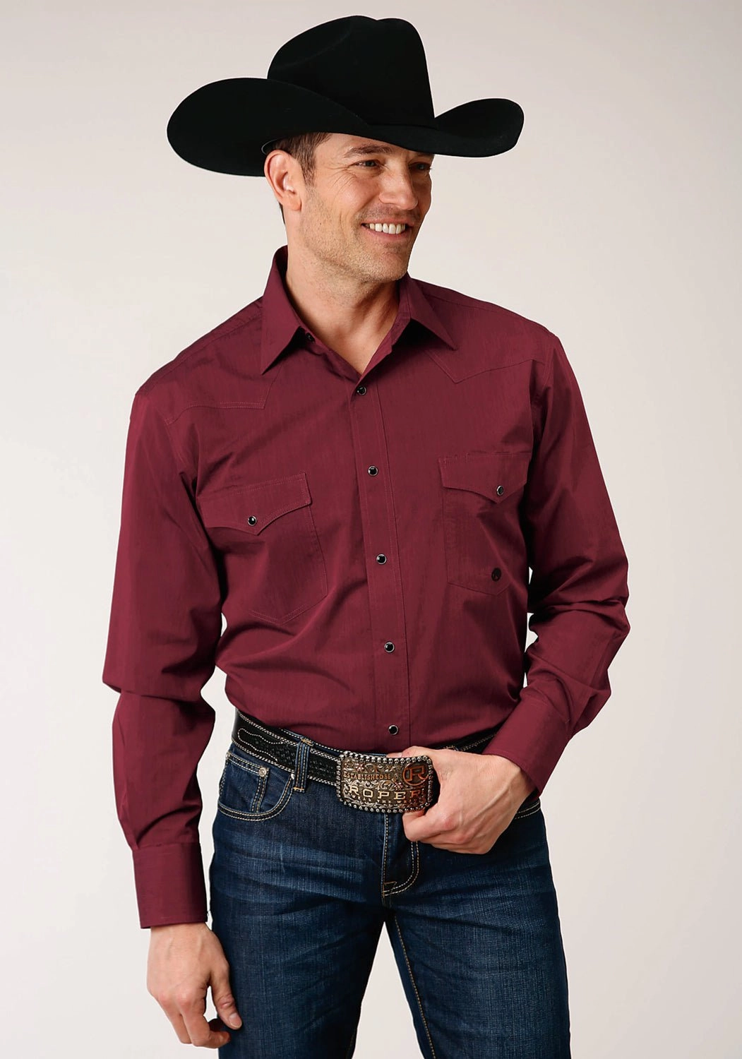 Relaxed Style Laser Cut Edge Detail Roper Mens Black Solid Fill Wine 100% Cotton L/S Shirt
