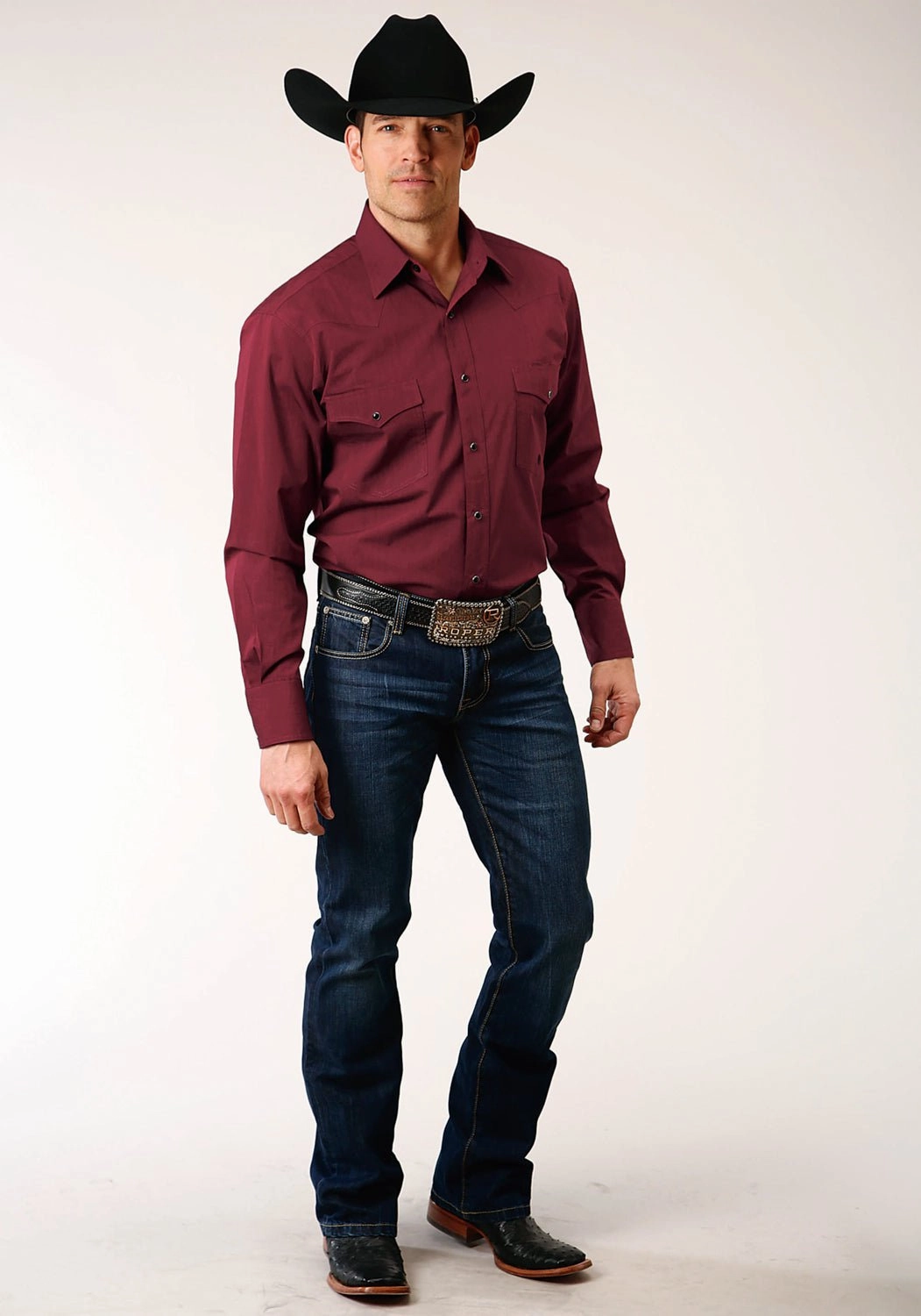 UV Protective Coating Timeless Style Roper Mens Black Solid Fill Wine 100% Cotton L/S Shirt