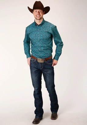 Roper Mens Blue 100% Cotton Agave Paisley BD L/S Btn Shirt Allergy Safe Checkered Look Roper Mens Blue 100% Cotton Agave Paisley BD L/S Btn Shirt
