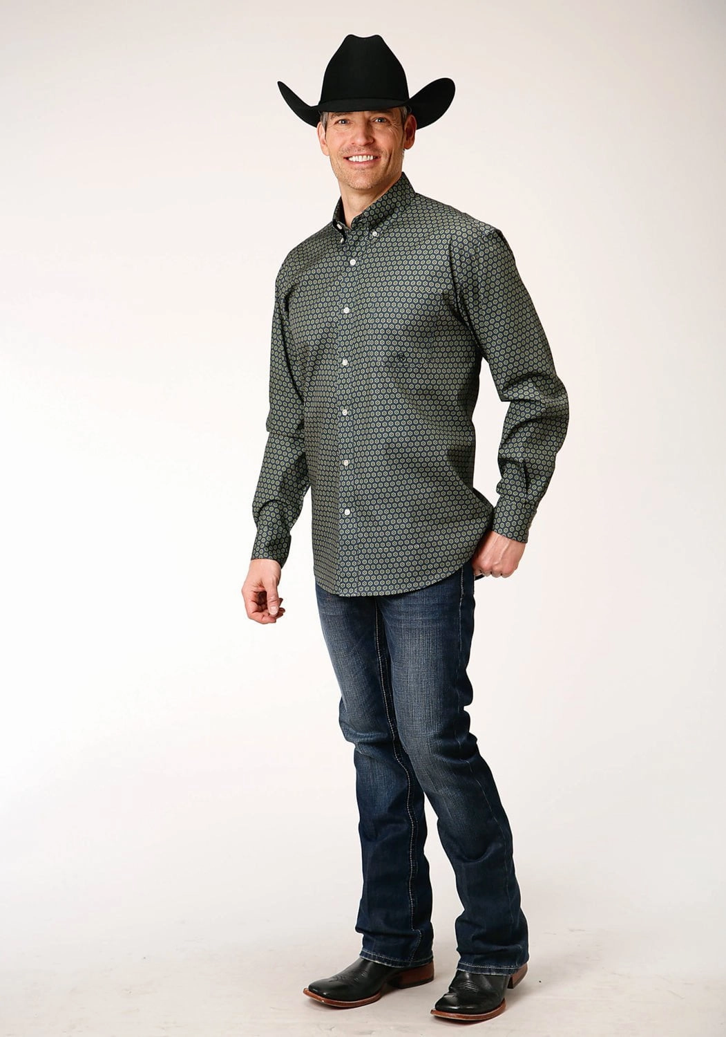 Roper Mens Blue 100% Cotton Honeycomb Foulard BD L/S Shirt Urban Comfort