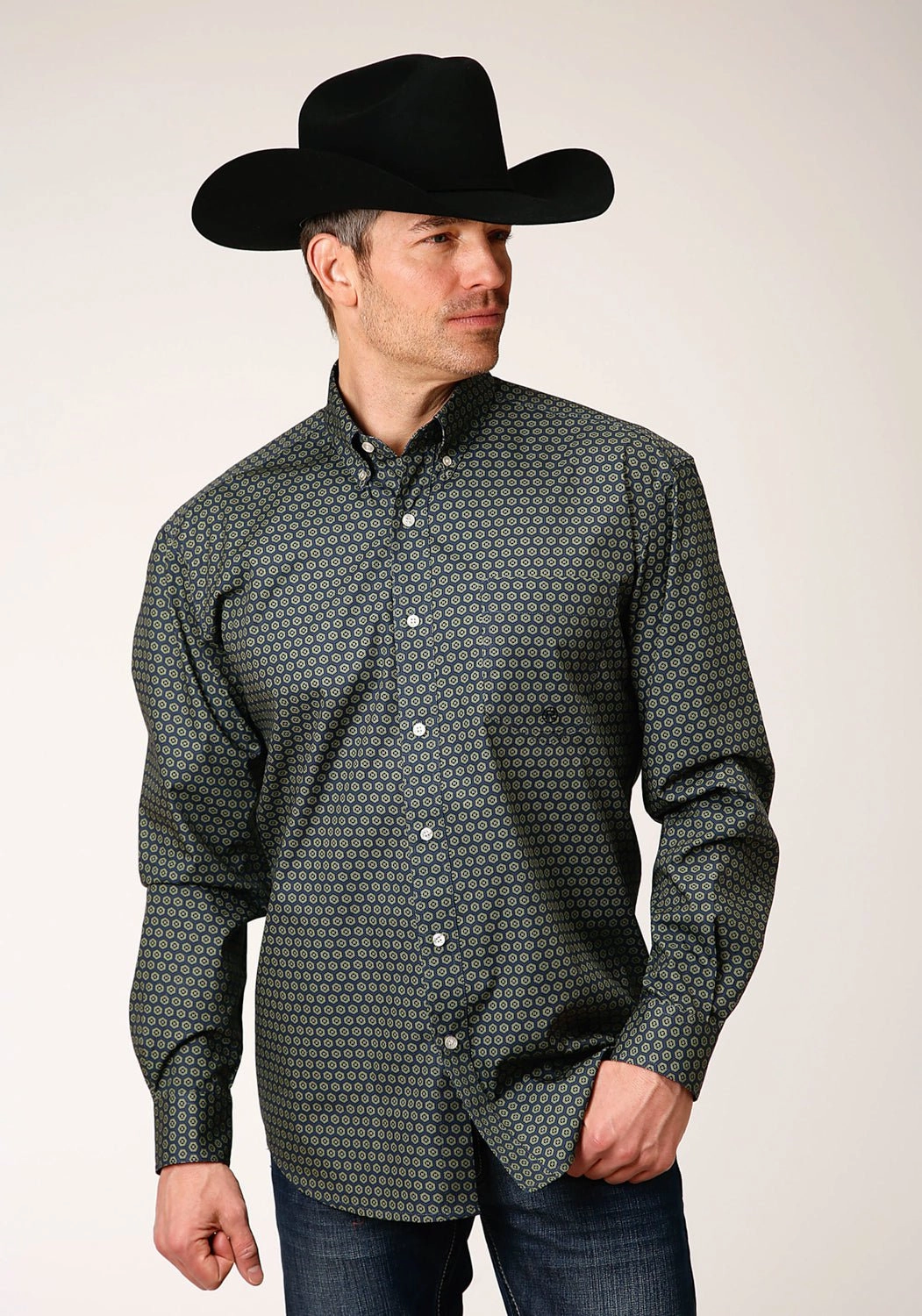 Beach Wear fade resistant color Roper Mens Blue 100% Cotton Honeycomb Foulard BD L/S Shirt
