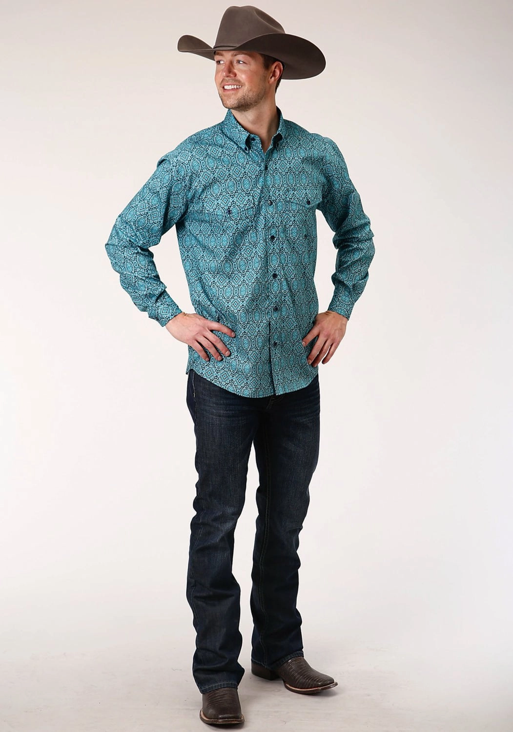Roper Mens Blue 100% Cotton Medallion Paisley BD L/S Btn Shirt Fade Resistant Formula Year-Round Wear