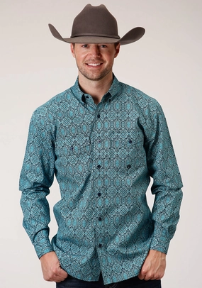 Roper Mens Blue 100% Cotton Medallion Paisley BD L/S Btn Shirt Everyday Layer Casual Design Odor Control Technology Roper Mens Blue 100% Cotton Medallion Paisley BD L/S Btn Shirt