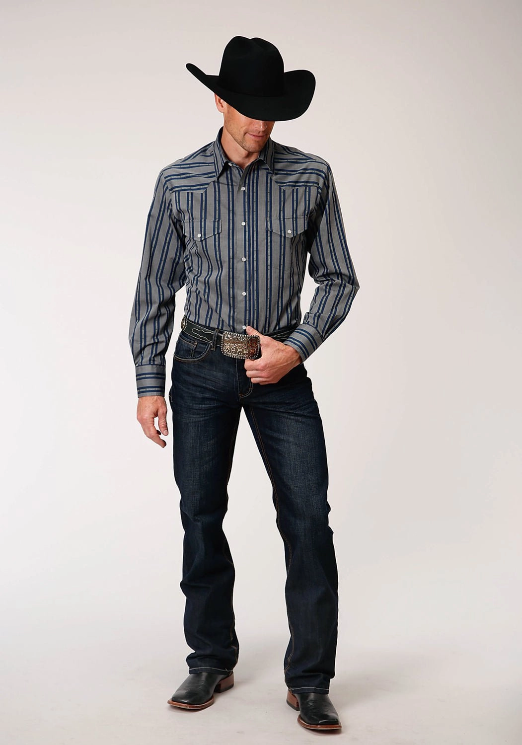 Roper Mens Blue Cotton Blend Wide Dobby Stripe L/S Shirt Smooth Zipper Design Military Inspired