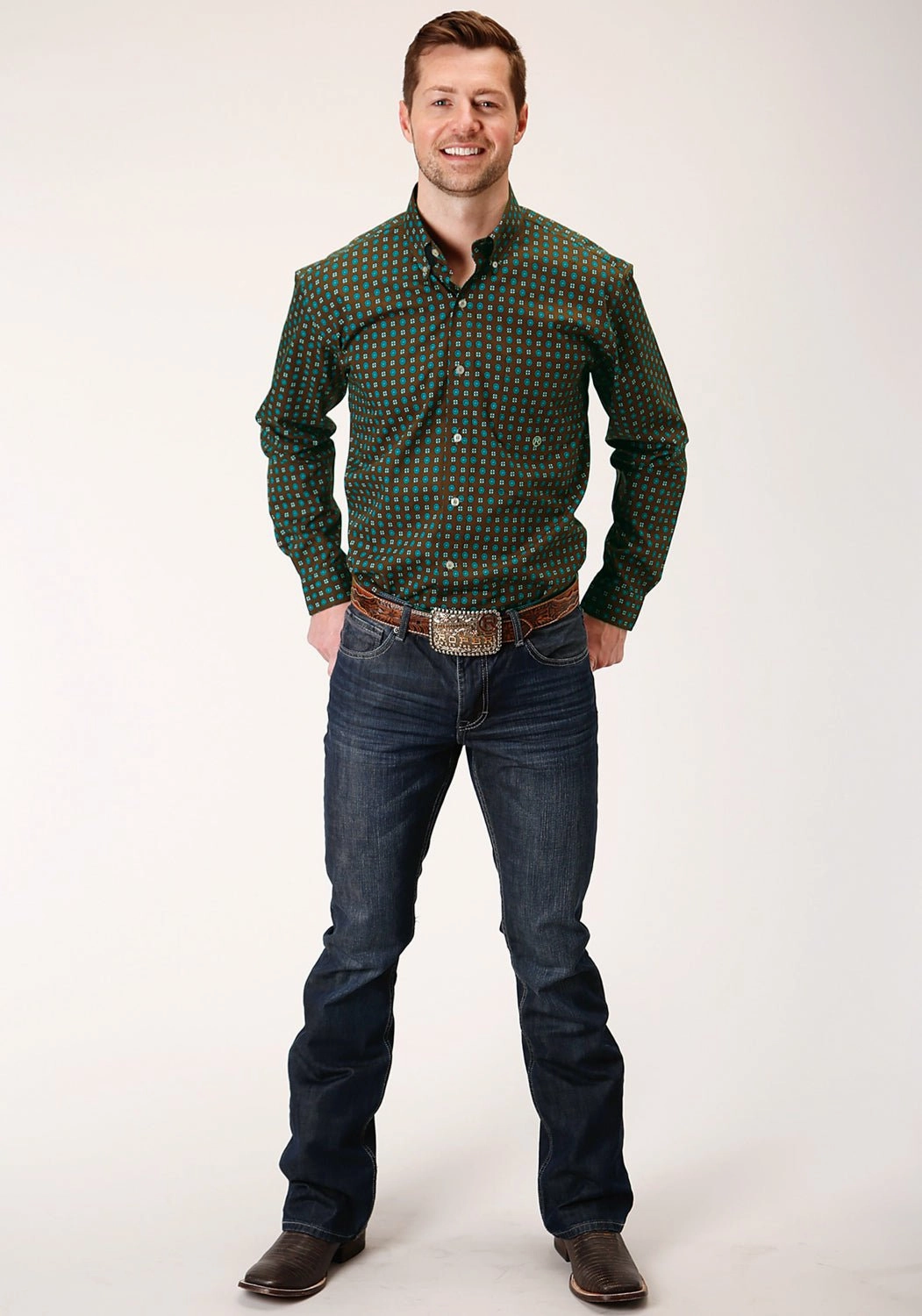 Roper Mens Chocolate 100% Cotton Agave Foulard BD L/S 1 Pkt Shirt Winter Layering