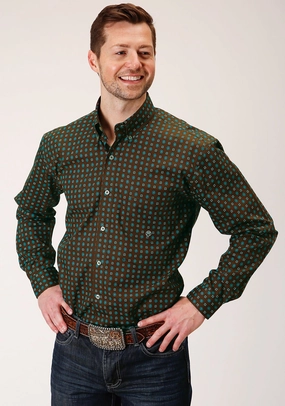 Roper Mens Chocolate 100% Cotton Agave Foulard BD L/S 1 Pkt Shirt Low Maintenance Roper Mens Chocolate 100% Cotton Agave Foulard BD L/S 1 Pkt Shirt Quick Release Cuffs Modern Appeal