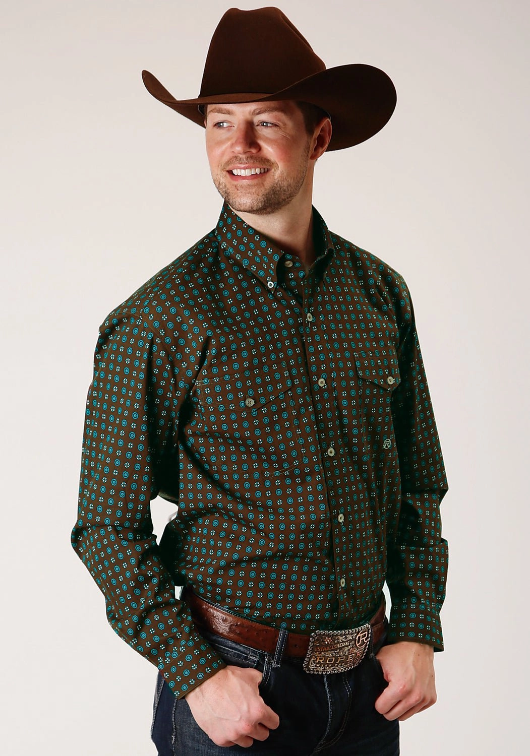 Summer Camp Roper Mens Chocolate 100% Cotton Agave Foulard BD L/S Btn Shirt