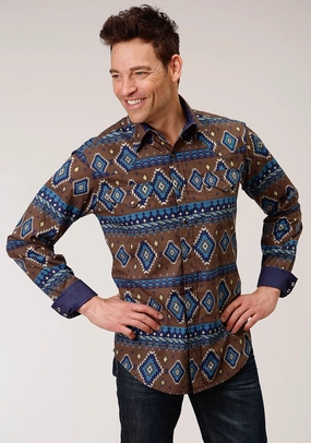Roper Mens Chocolate 100% Cotton Aztec Print L/S Shirt Summer Ready Wardrobe Essential Chill Fit Roper Mens Chocolate 100% Cotton Aztec Print L/S Shirt