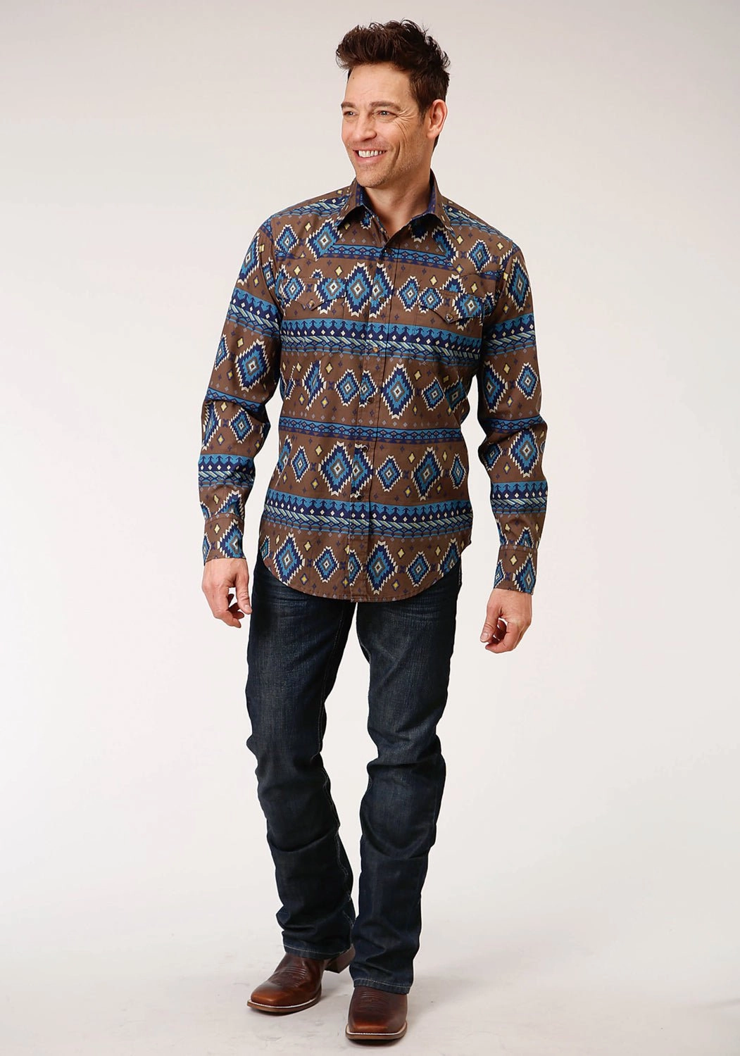 Roper Mens Chocolate 100% Cotton Aztec Print L/S Shirt Autumn Look Glossy Texture