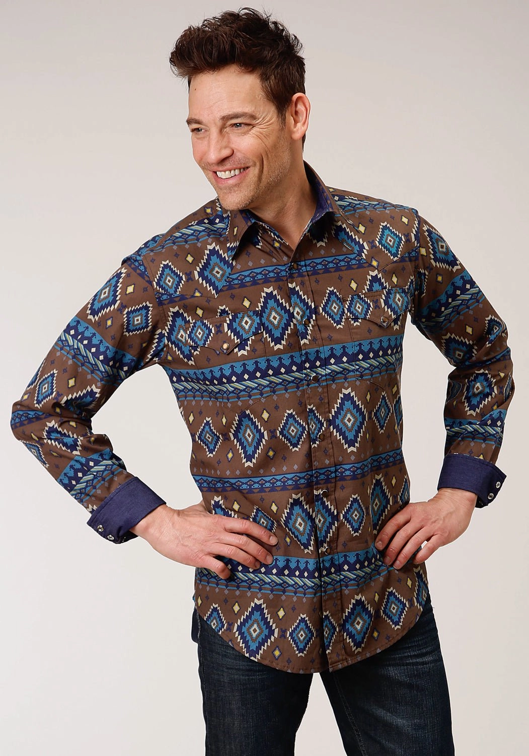 Relaxed Fit Roper Mens Chocolate 100% Cotton Aztec Print L/S Shirt