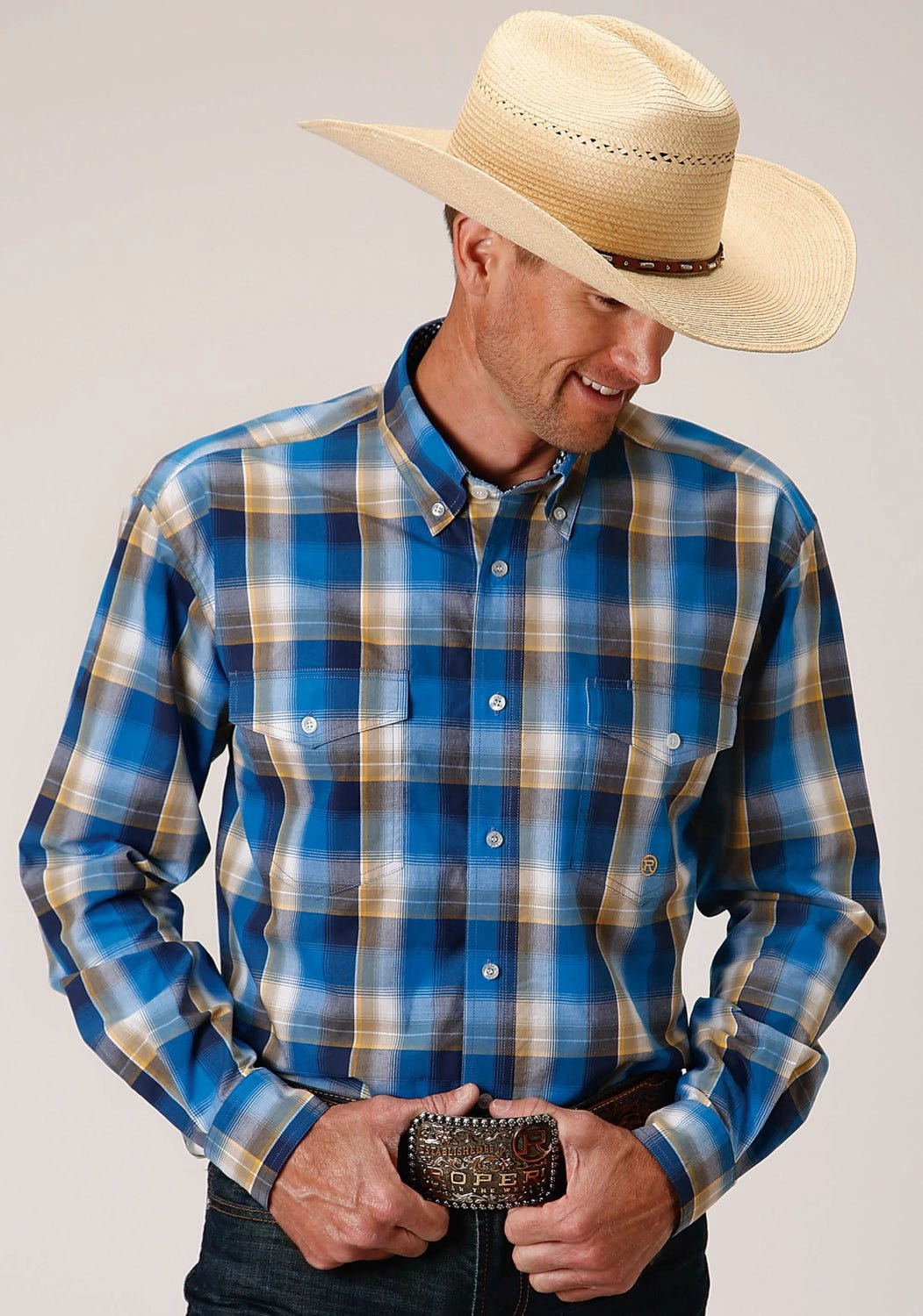 Roper Mens Clear Sky Plaid Blue 100% Cotton L/S Shirt Essential Piece