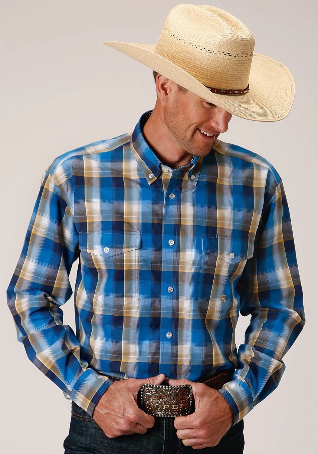 Roper Mens Clear Sky Plaid Blue 100% Cotton L/S Shirt High Street Fashion Subtle Print