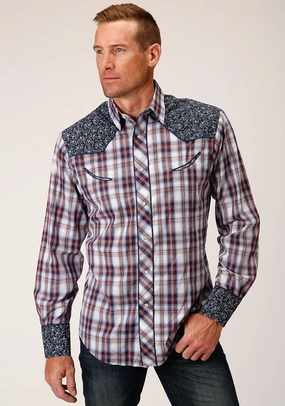 Roper Mens Contrast Fancy Yoke Wine Cotton Blend L/S Shirt Casual Comforts Contemporary Style Minimal Look Roper Mens Contrast Fancy Yoke Wine Cotton Blend L/S Shirt