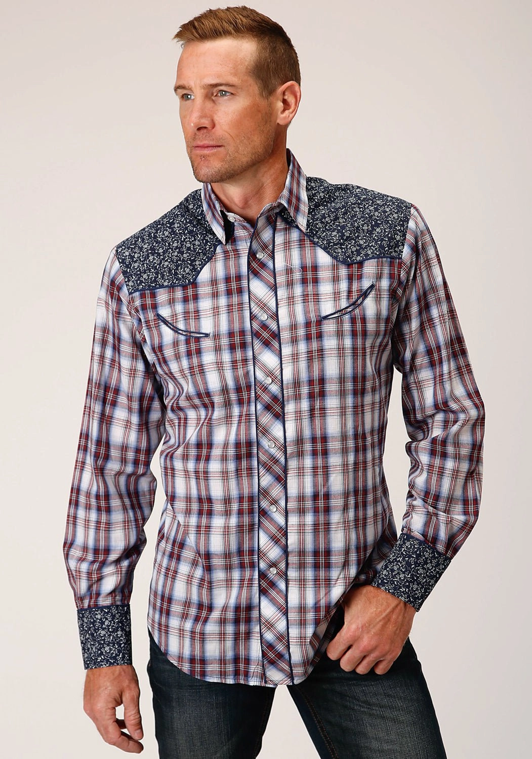 Contemporary Style Minimal Look Roper Mens Contrast Fancy Yoke Wine Cotton Blend L/S Shirt